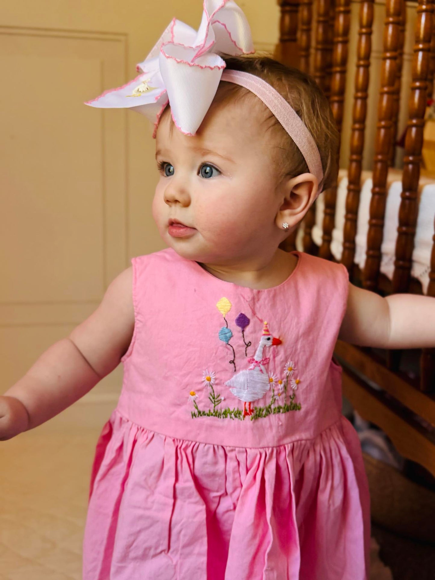 Pink Silly Goose Embroidered Bow