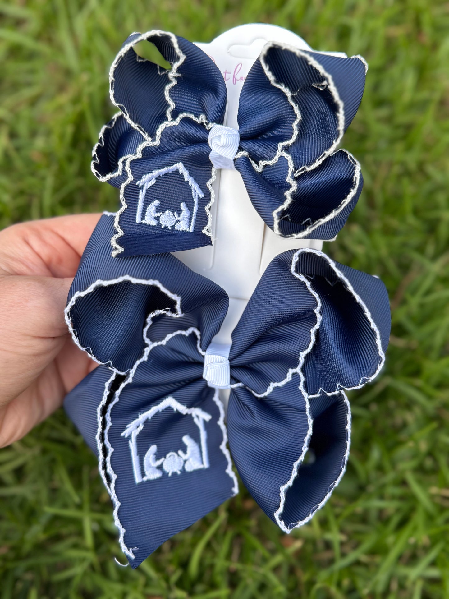 Navy Nativity Scene Moonstitch Hair Bow
