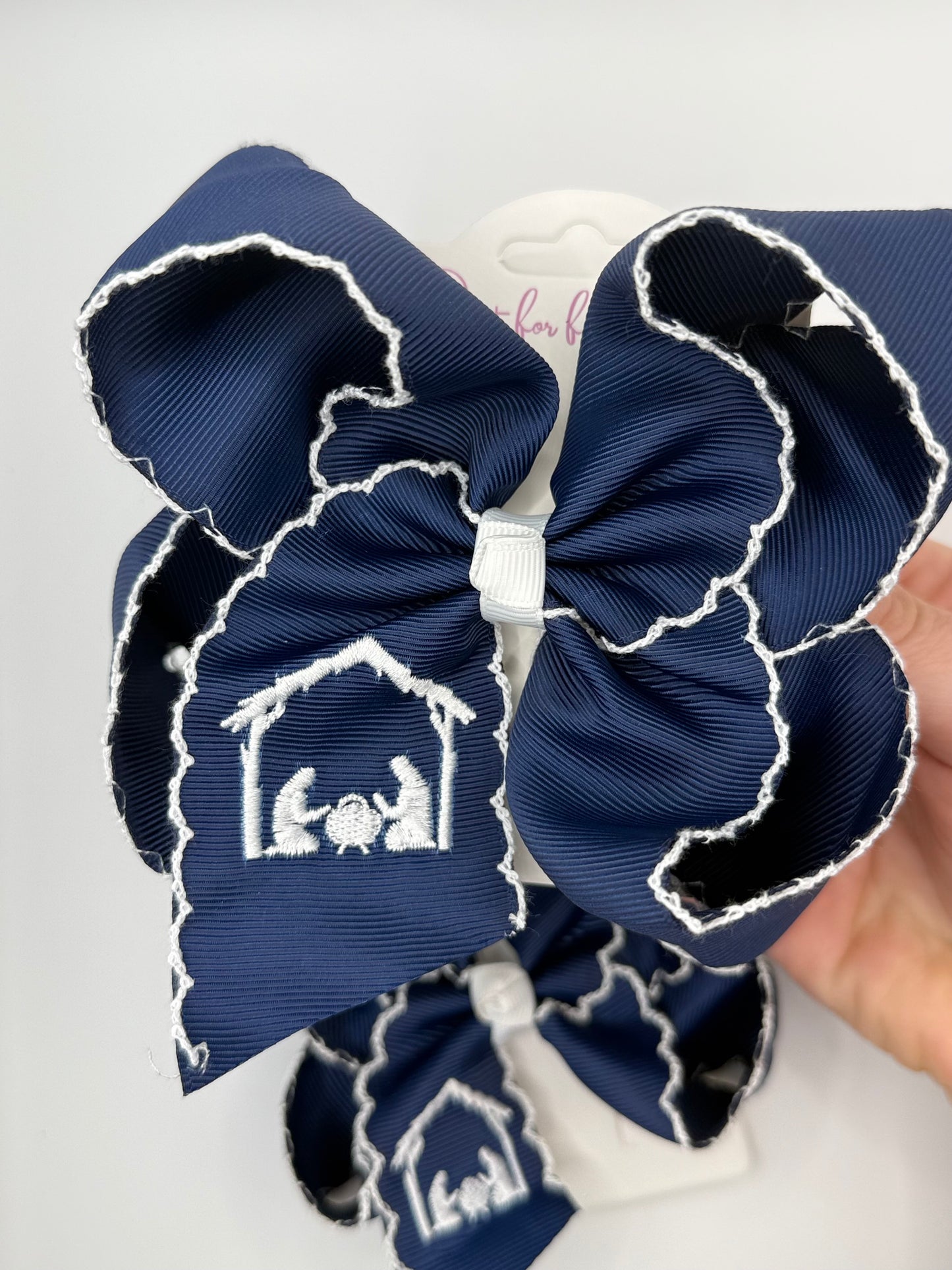 Navy Nativity Scene Moonstitch Hair Bow