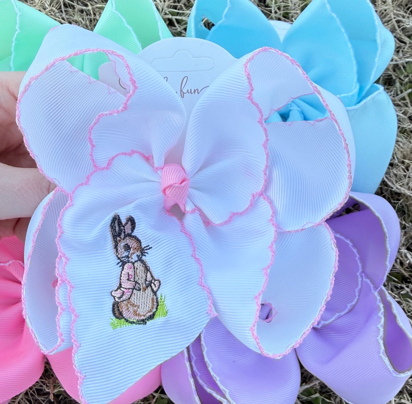 Pink Rabbit Embroidered Hair Bow