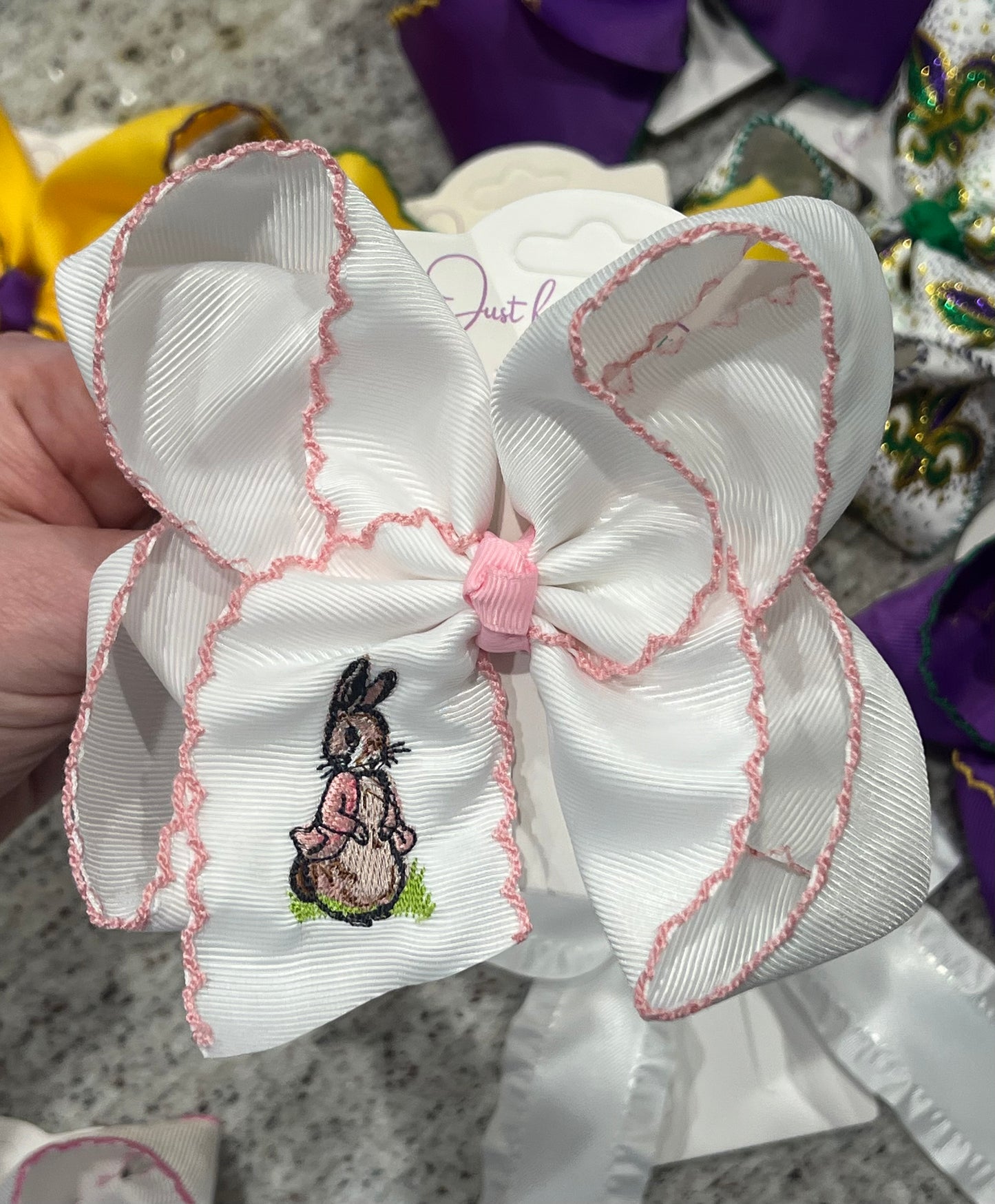 Pink Rabbit Embroidered Hair Bow