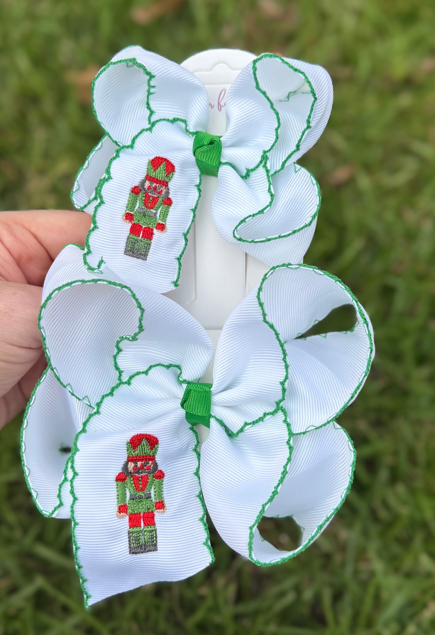 Green Nutcracker Embroidered Moonstitch Hair Bow