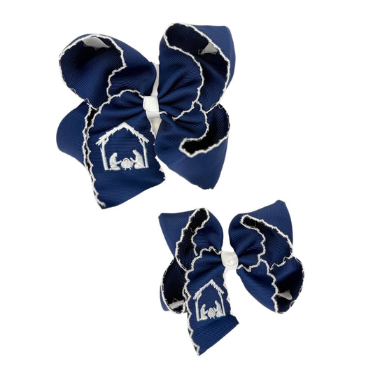 Navy Nativity Scene Moonstitch Hair Bow