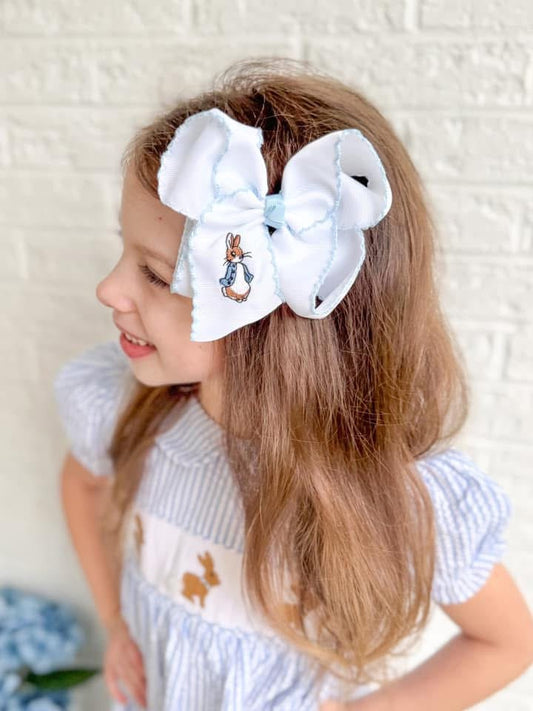 Blue Rabbit Embroidered Hair Bow