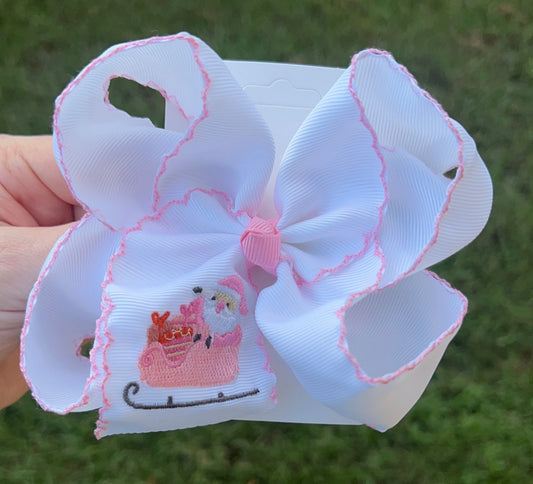 Pink Santa In Sleigh Embroidered Hair Bow