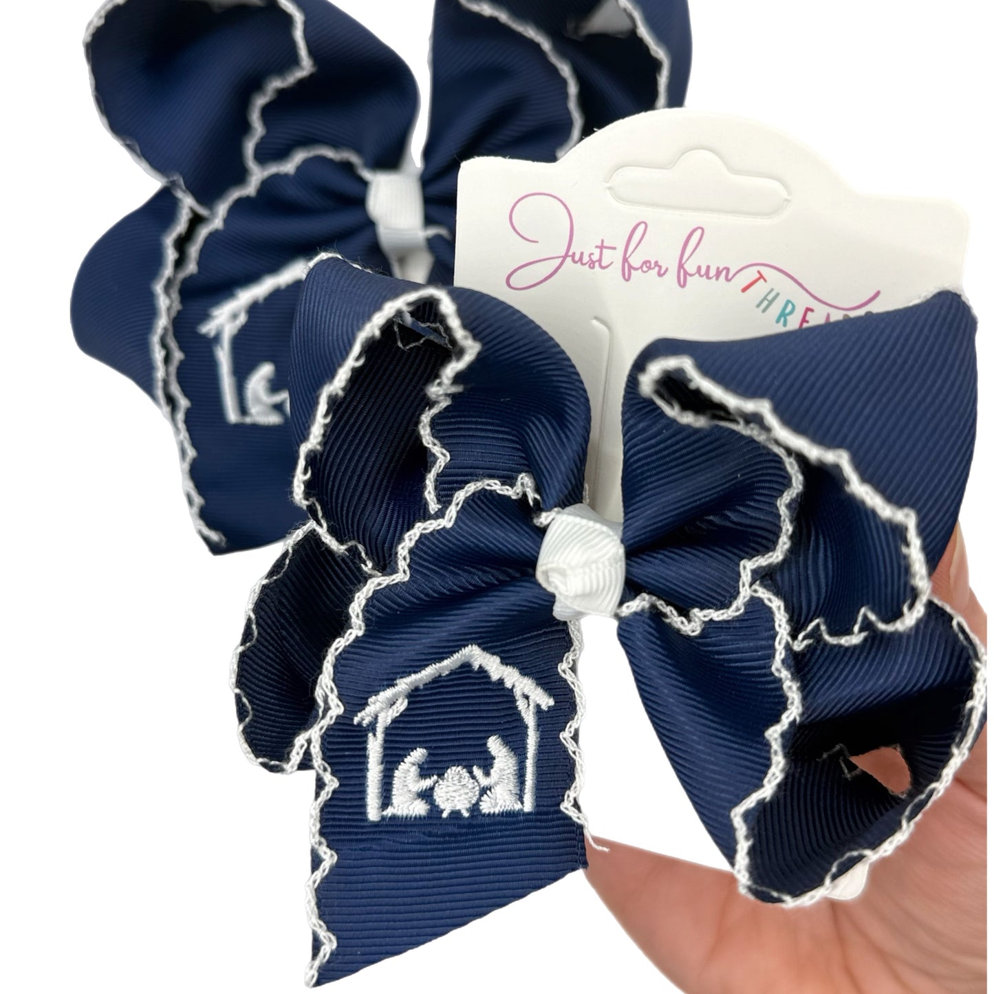 Navy Nativity Scene Moonstitch Hair Bow
