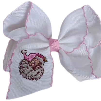 Pink Santa Embroidered Hair Bow