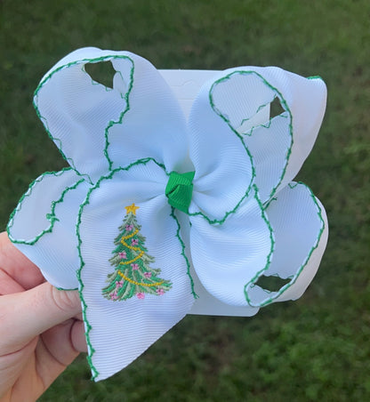 Bow Christmas Tree Embroidered Hair Bow