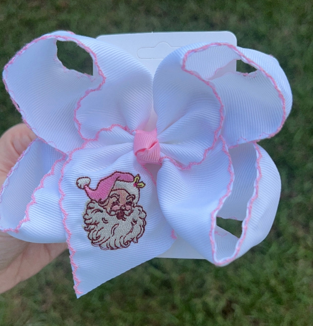 Pink Santa Embroidered Hair Bow