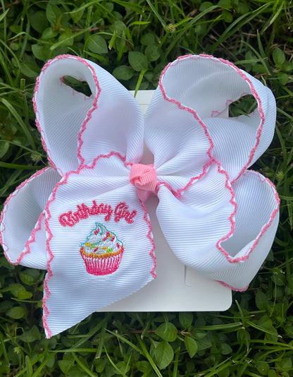 Birthday Girl Cupcake Embroidered Bow