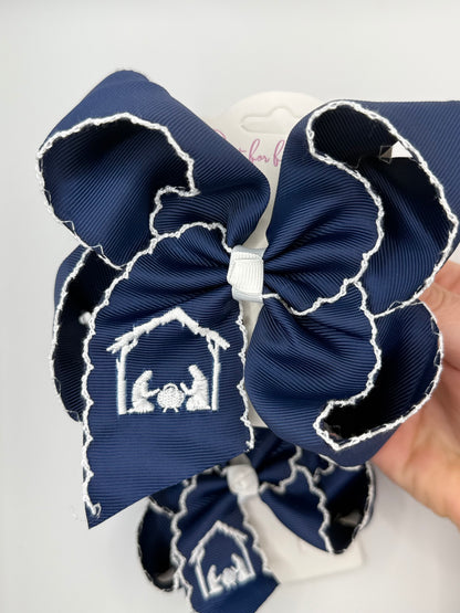 Navy Nativity Scene Moonstitch Hair Bow